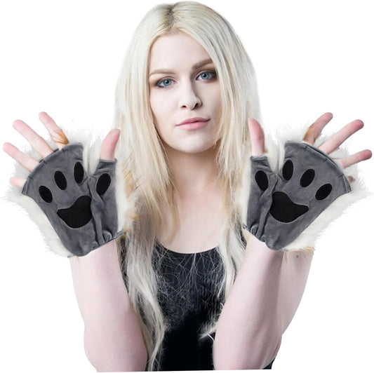 Therian Paws, Cat Paw 1 Pair Half Finger Therian Paws Cute Embroidered Fur Paws Decorative Realistic Paw Gloves for Kids Adults Cosplay Stage, Black Gray.