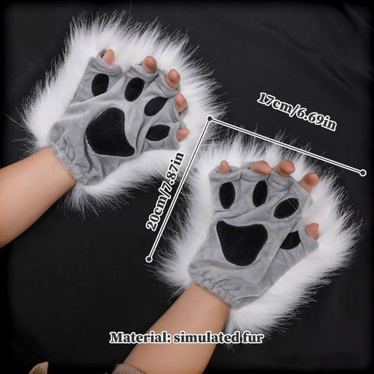 Therian Paws, Cat Paw 1 Pair Half Finger Therian Paws Cute Embroidered Fur Paws Decorative Realistic Paw Gloves for Kids Adults Cosplay Stage, Black Gray.