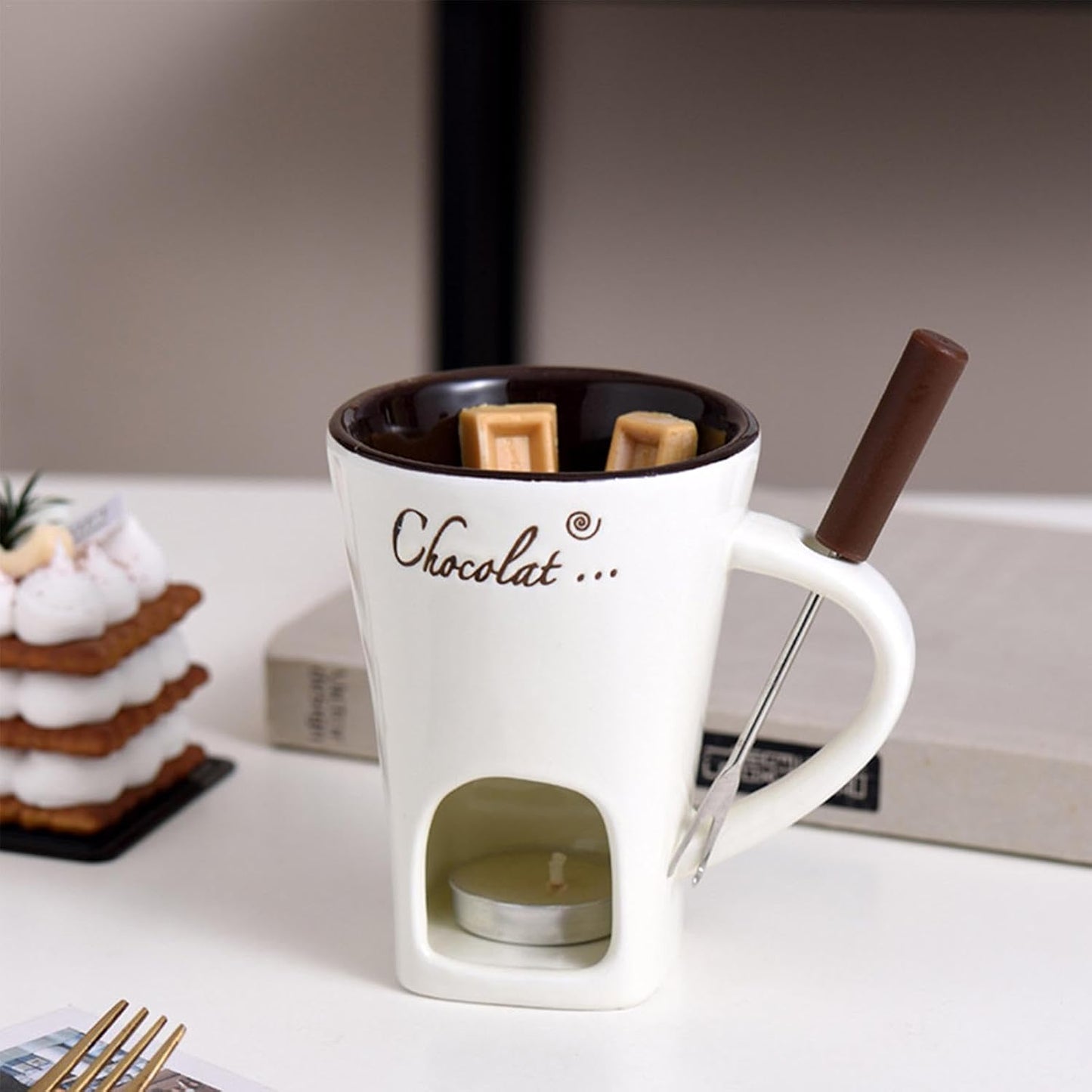 Tealight Fondue Set, Ceramic Melting Pot for Chocolate and Dessert Beige