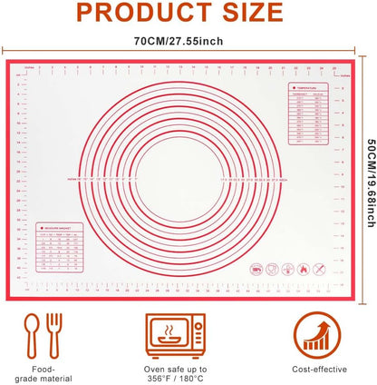 Non-stick rolling pin, 70×50cm silicone rolling pin, non-slip silicone baking mat, food plate, cake mat, cake mat, cake/pizza mat 70*50CM - red