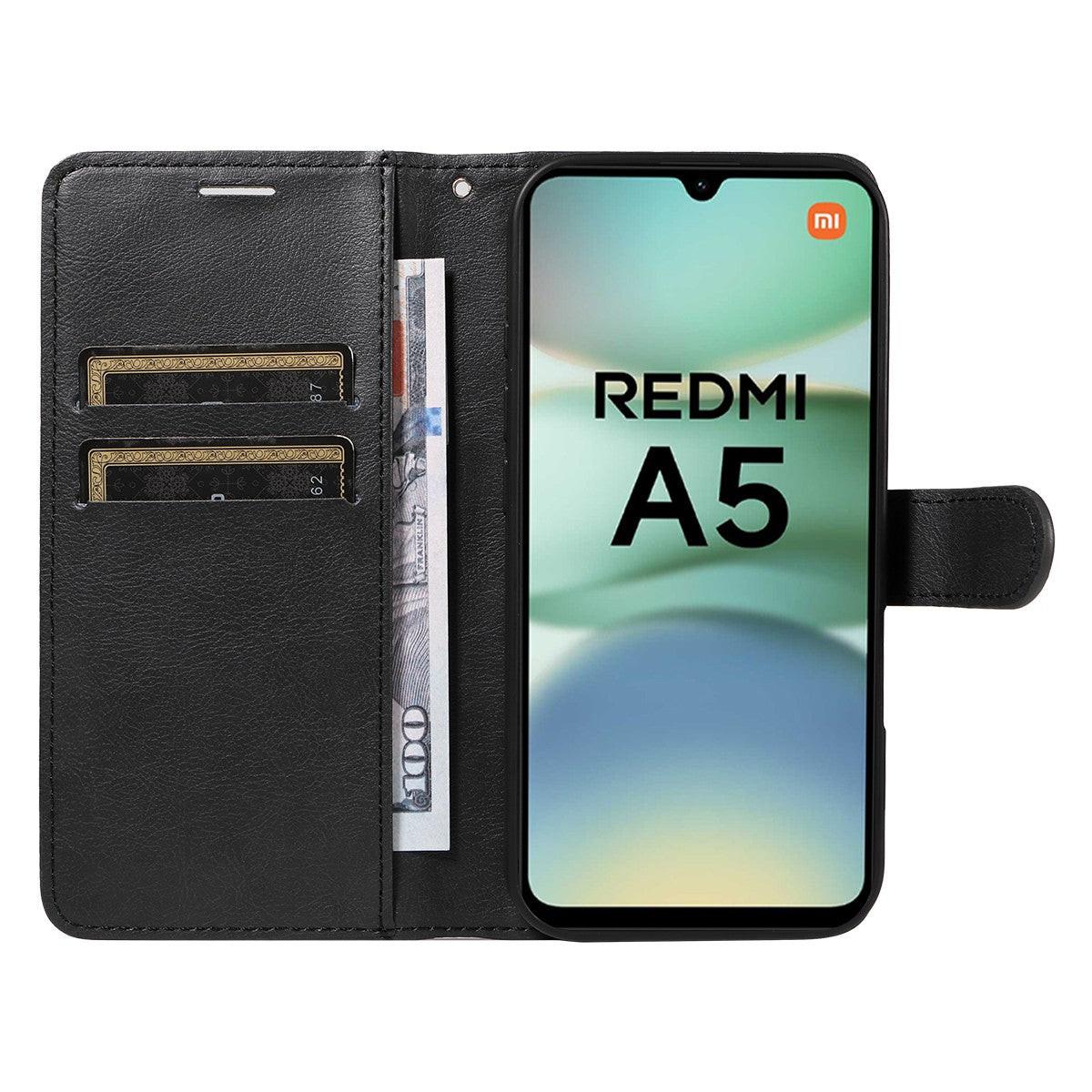 Xiaomi Redmi A5 4G Leather Wallet Case with Card Slots, PU Leather Cover, MGF Black Color, Compatible with Xiaomi.