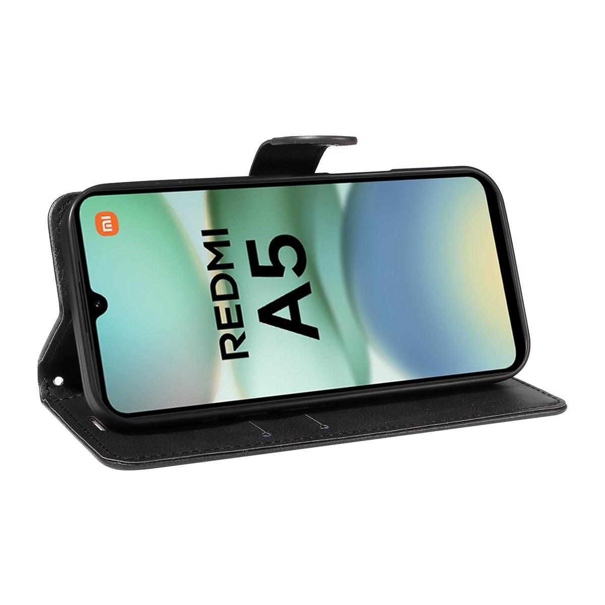Xiaomi Redmi A5 4G Leather Wallet Case with Card Slots, PU Leather Cover, MGF Black Color, Compatible with Xiaomi.
