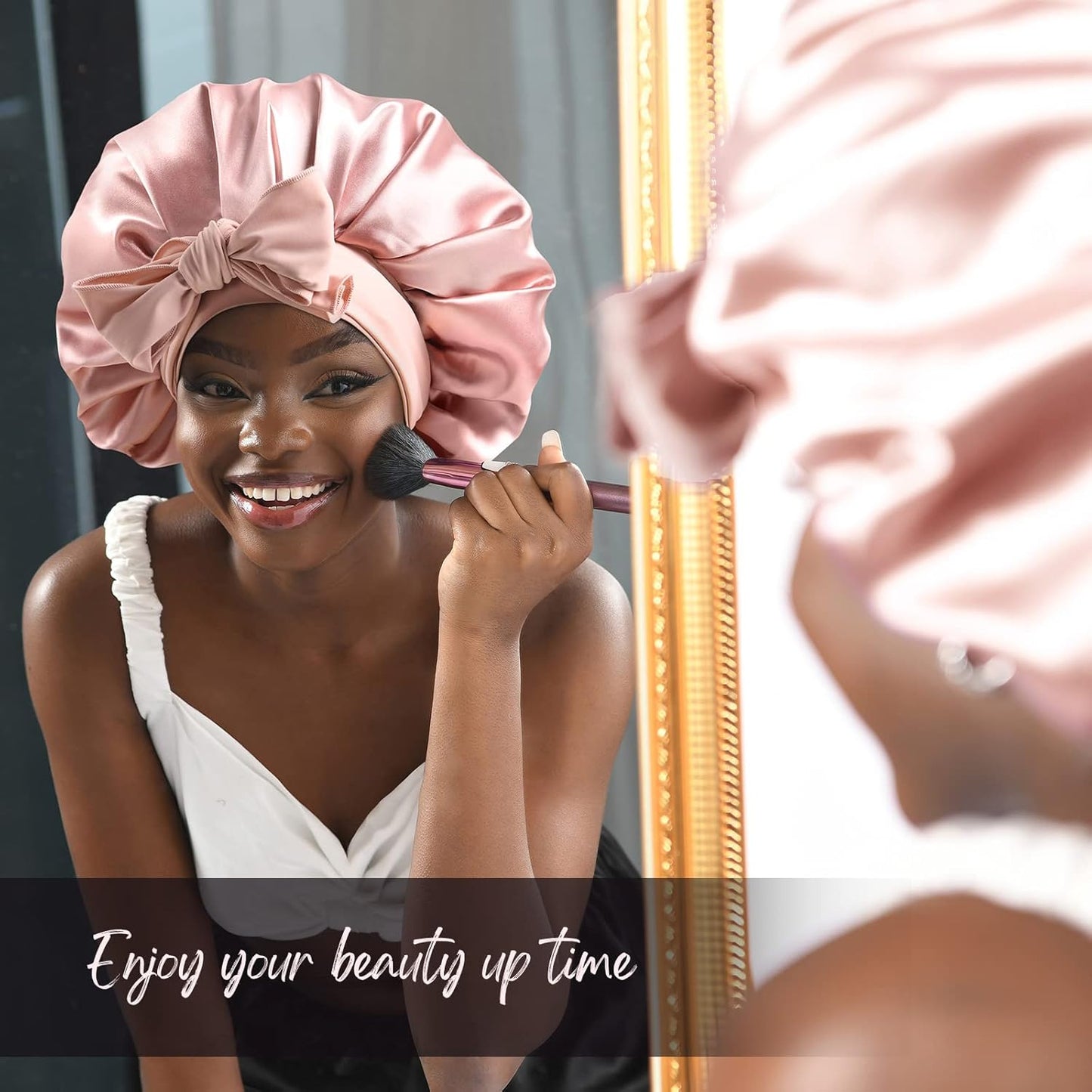 Satin Bonnet Silk Bonnet for Sleep Double Layered Satin Lined Hair Cap with Ties Bonnets for Women Natural Curly Hair Pink