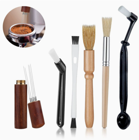 Professional Coffee Machine Cleaning Brush Set | 6-Piece Multi-functional Tool Kit | Includes Dosing Needle / Bent Cleaning Brush / Flat Cleaning Brush / Wooden Handle Cleaning Brush / Metal Handle Cleaning Brush / Bent Brush with Spoon | Suitable for dee.