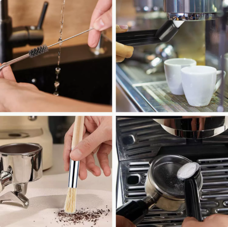 Professional Coffee Machine Cleaning Brush Set | 6-Piece Multi-functional Tool Kit | Includes Dosing Needle / Bent Cleaning Brush / Flat Cleaning Brush / Wooden Handle Cleaning Brush / Metal Handle Cleaning Brush / Bent Brush with Spoon | Suitable for dee.