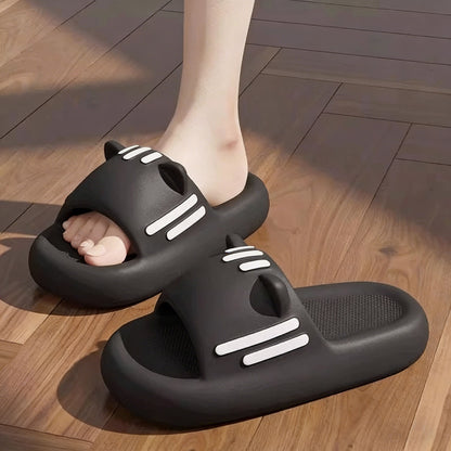 Women’s Slides Cute Bathroom Slippers Non-Slip Cartoon Cat Shaped Indoor Outdoor Summer Slippers（black，40-41）