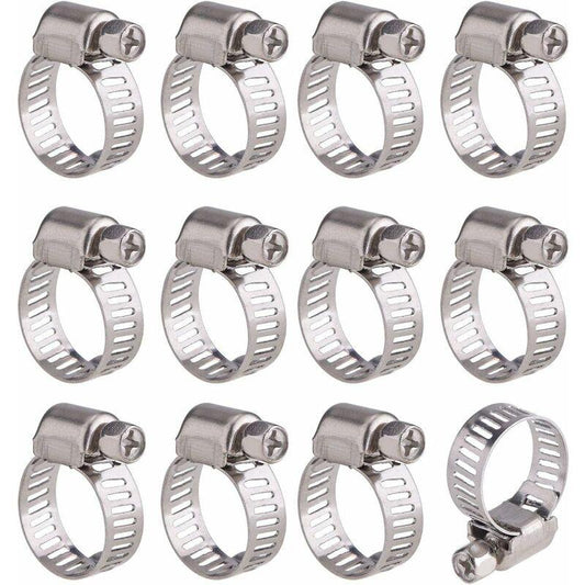 12 pcs Adjustable Stainless Steel Hose Clamp Pipe Clips Fastener (9-16Mm).