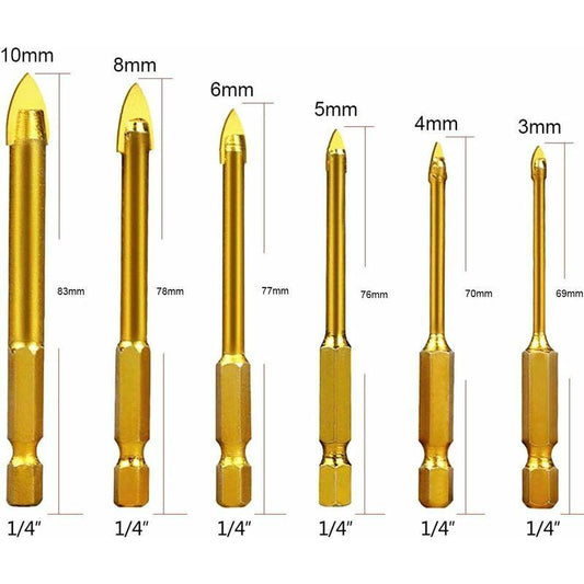Tungsten Steel Glass Ceramic Tile Crystal Drill Bits With Hex Shank Titanium Coated 3Mm 4Mm 5Mm 6Mm 8Mm 10Mm 6 Pack.