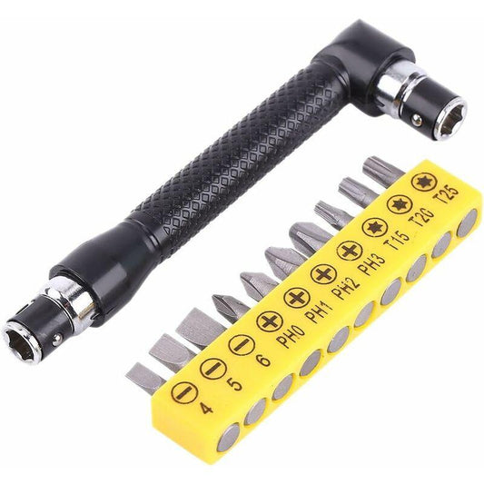 Right Angle Screwdriver, Curved Screwdriver, L-Shaped Wrench, With 10 Bits For Construction Workers.
