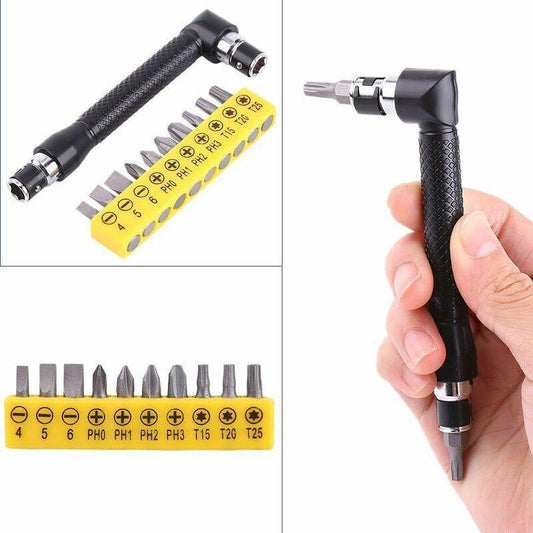 Right Angle Screwdriver, Curved Screwdriver, L-Shaped Wrench, With 10 Bits For Construction Workers.