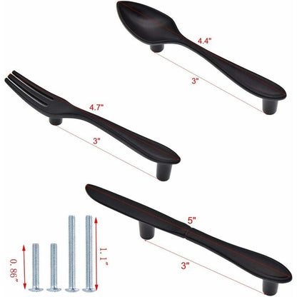 3 Pack Knife Spoon Fork Shape Cabinet Pulls Door Handles Hole Center 3" Matte Black