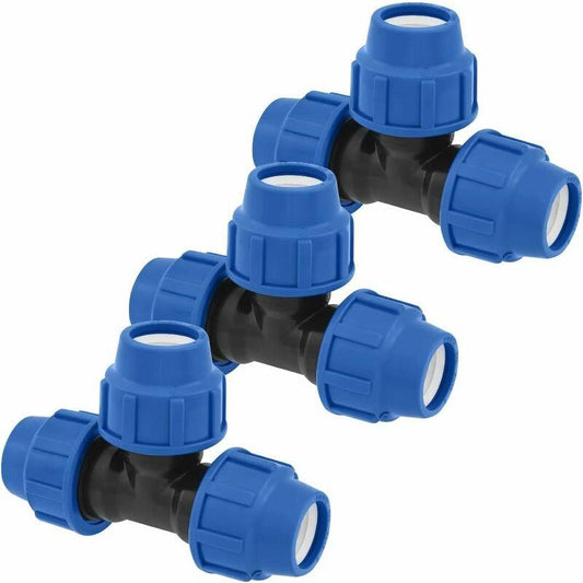 Water Pipe Tee Fittings, 25Mm X 25Mm X 25Mm, Pn16 Compression Pipe Fittings, Connectors Compatible With Pe80 And Pe100.