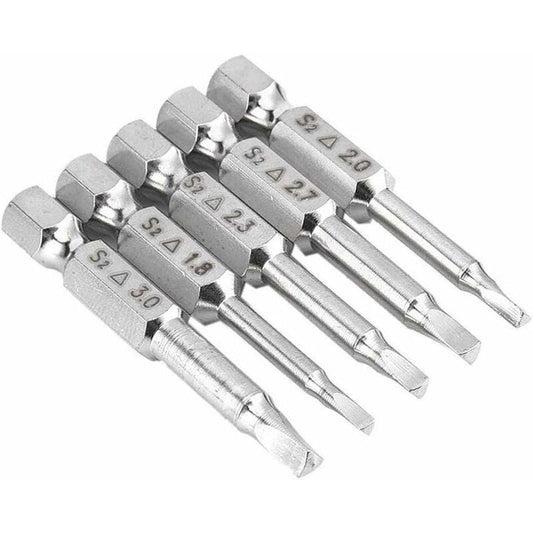 5 pcs Magnetic Triangle Head Screwdriver Bits Set S2 Steel 1.8Mm, 2Mm, 2.3Mm, 2.7Mm, 3Mm, 6.35Mm Hex Shank, 50Mm Length.