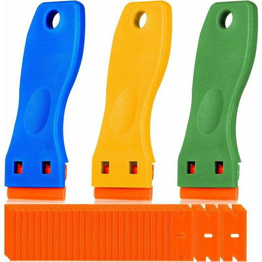 3 Pieces Plastic Scraper With 50 Pieces Plastic Blades Scrapers Ceramic Hob Glass Plate Scraper For Removing Glue.