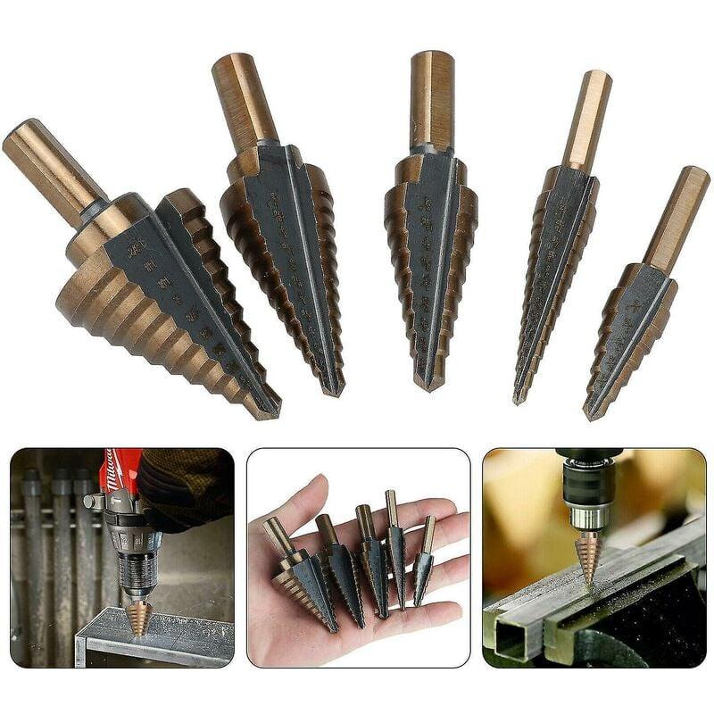 5 pcs Metal Step Drill Bit, 5-35Mm Hss Titanium Conical Triangle Metal Step Cutter For Steel, Wood, Brass, Aluminum, Pvc.