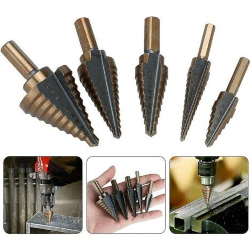 5 pcs Metal Step Drill Bit, 5-35Mm Hss Titanium Conical Triangle Metal Step Cutter For Steel, Wood, Brass, Aluminum, Pvc.