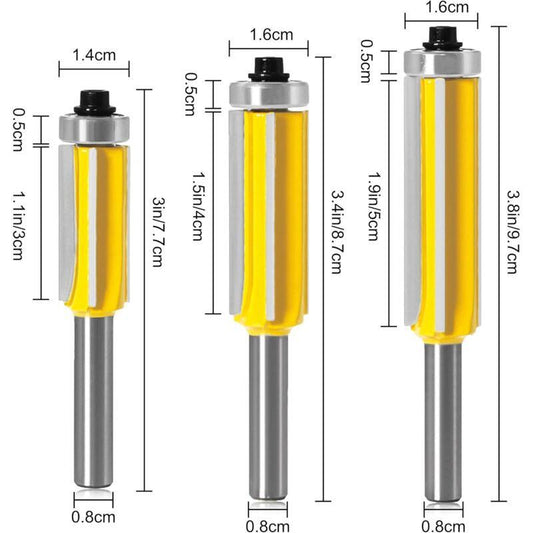 3 pcs ROuter Bit, 4 Flute Shank Copy Cutter With Top Bearing Straight Flush Trim Bit Carbide Woodworking Milling Cutter.