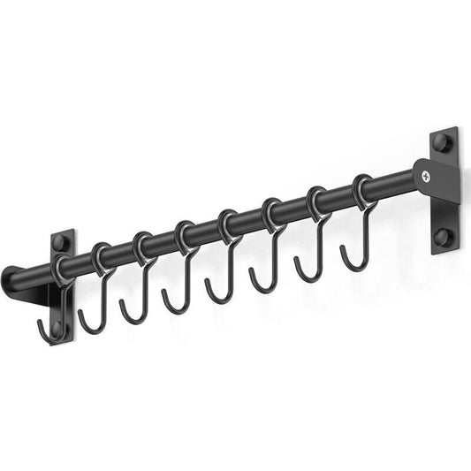 Wall Mounted Stainless Steel Utensil Holder With 8 Sliding Hooks For Kitchen And Bathroom (Black).