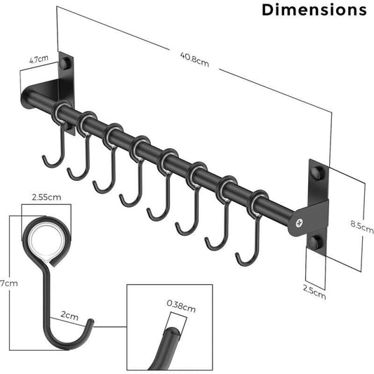 Wall Mounted Stainless Steel Utensil Holder With 8 Sliding Hooks For Kitchen And Bathroom (Black).
