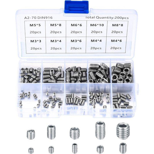 200 pcs Stainless Steel Grub Screws, M3 M4 M5 M6 M8 Machine Screws, Assortment Kit Fasteners Grub Screws.