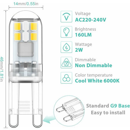 G9 LED Bulbs 1.5W Equivalent To 20W Halogen Light Cool White 6000K, Ac 220-240V, Non-Dimmable, Mini Incandescent Bulb,
