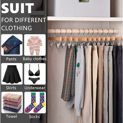 Home 10 Pack 32Cm Natural Wooden Hangers For Pants Skirts Socks Underwear Non-Slip Hangers With Clips