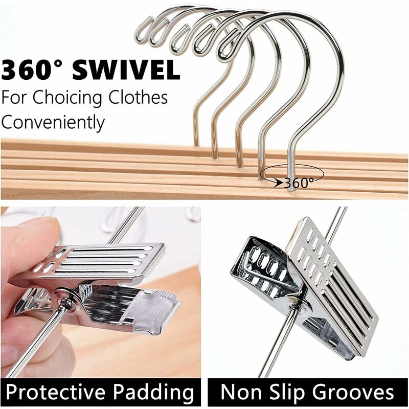 Home 10 Pack 32Cm Natural Wooden Hangers For Pants Skirts Socks Underwear Non-Slip Hangers With Clips