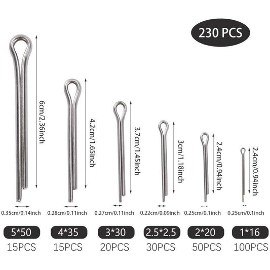 230 pcs Stainless Steel Cotter Pins M1 M2.5 M3 M4 M5 Retaining Pin Assortment Kit With Storage Box.