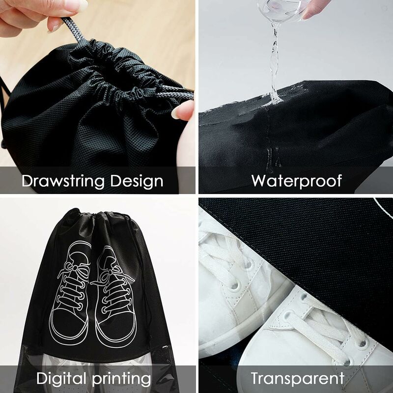 Travel Shoe Bag, Waterproof Dustproof Fleece Shoe Bag Set With Clear Window And Drawstring (32X44Cm) -10 pcs-Black