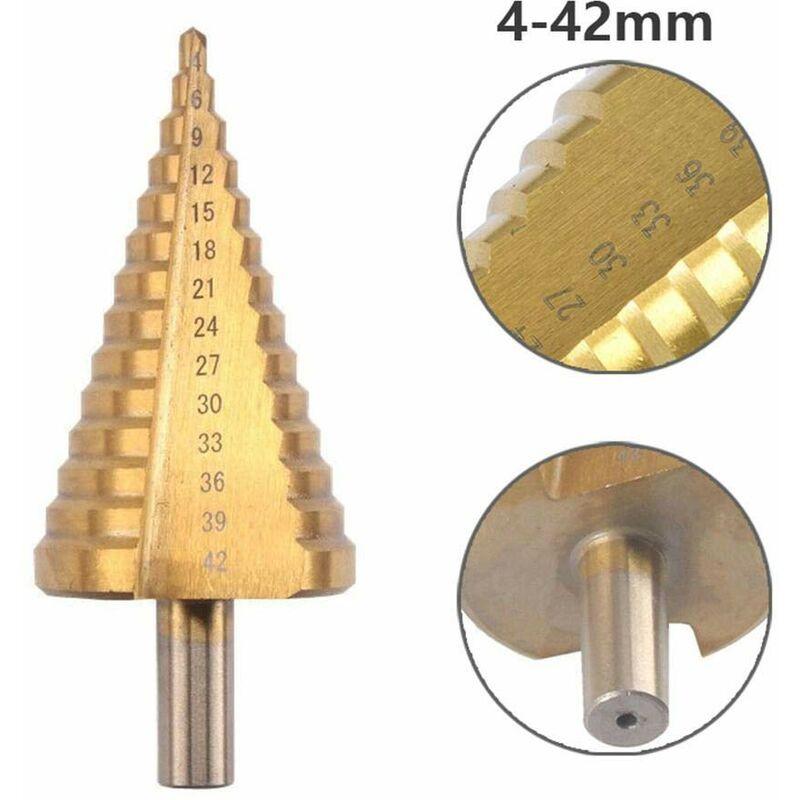 Step Cone Drill Bit - 4-42Mm - 14 Sizes - High Speed Steel ROund Shank Hole Cutter Tool.