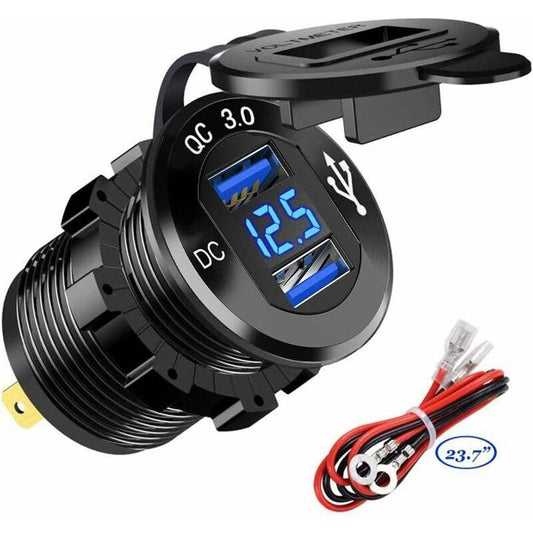 Fast Usb Car Charger Dual Qc3.0 Usb Ports, 12V/24V 36W Waterproof With LED Digital Voltmeter For Motorcycle, Caravan,.
