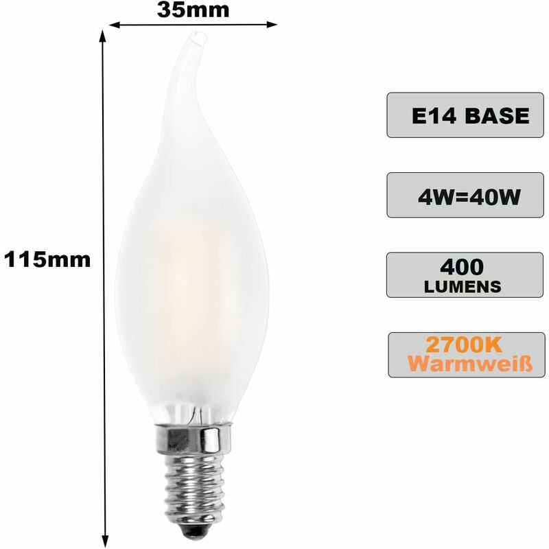 LED Bulb E14 Flame, Candle Shape, Warm White 2700K, 4W Incandescent Equivalent 40W, 400Lm, Pack Of 12 [Energy Class A+]