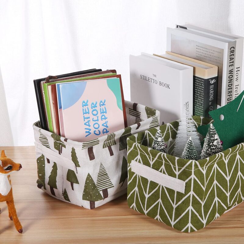 10 Pack Small Foldable Linen Fabric Storage Basket With Handles And Water Repellent Lining, For Shelves And Desk, Toys,