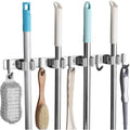 Stainless Steel Wall Mounted Broom Holder, Wall Mounted Broom Hanger With 4 Slots And 5 Hooks For Kitchen, Bathroom,.
