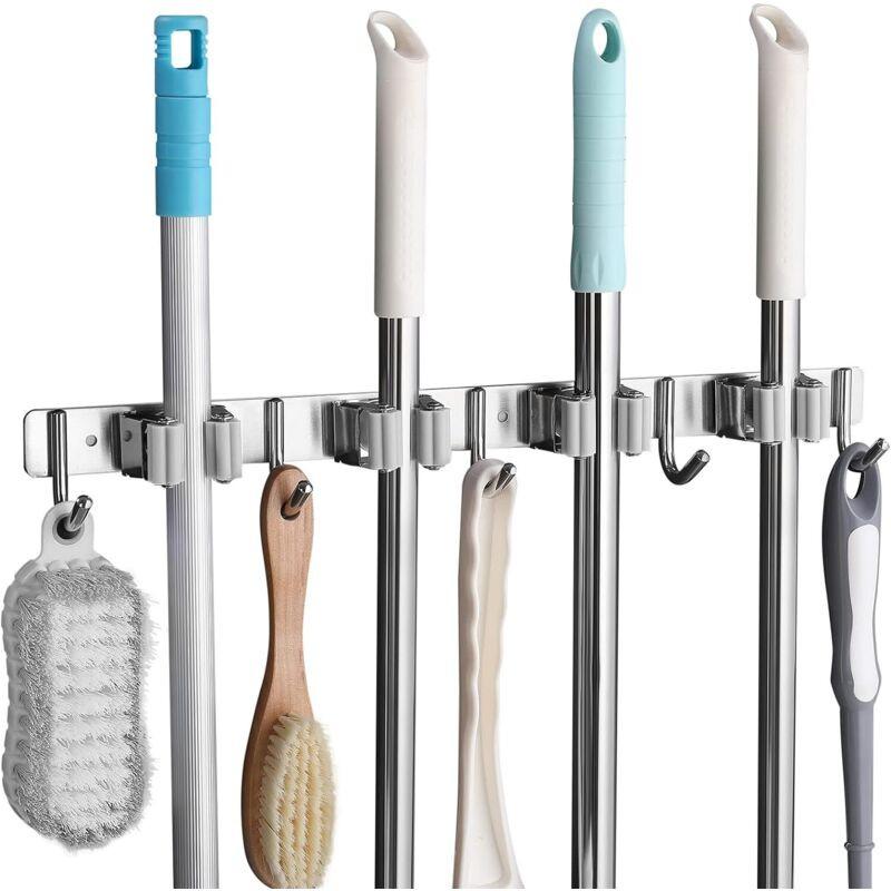 Stainless Steel Wall Mounted Broom Holder, Wall Mounted Broom Hanger With 4 Slots And 5 Hooks For Kitchen, Bathroom,.