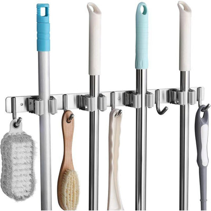 Stainless Steel Wall Mounted Broom Holder, Wall Mounted Broom Hanger With 4 Slots And 5 Hooks For Kitchen, Bathroom,.