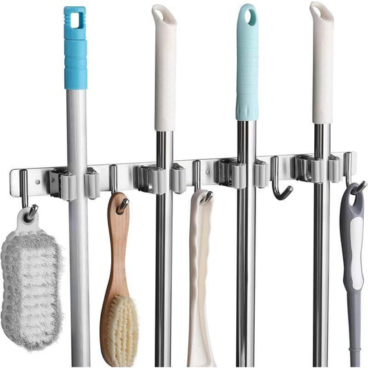 Stainless Steel Wall Mounted Broom Holder, Wall Mounted Broom Hanger With 4 Slots And 5 Hooks For Kitchen, Bathroom,.