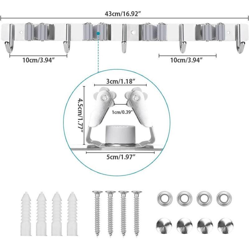 Stainless Steel Wall Mounted Broom Holder, Wall Mounted Broom Hanger With 4 Slots And 5 Hooks For Kitchen, Bathroom,.