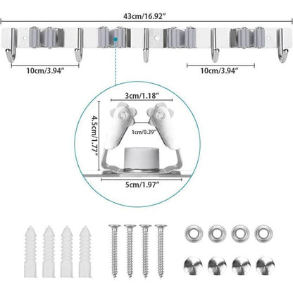 Stainless Steel Wall Mounted Broom Holder, Wall Mounted Broom Hanger With 4 Slots And 5 Hooks For Kitchen, Bathroom,.