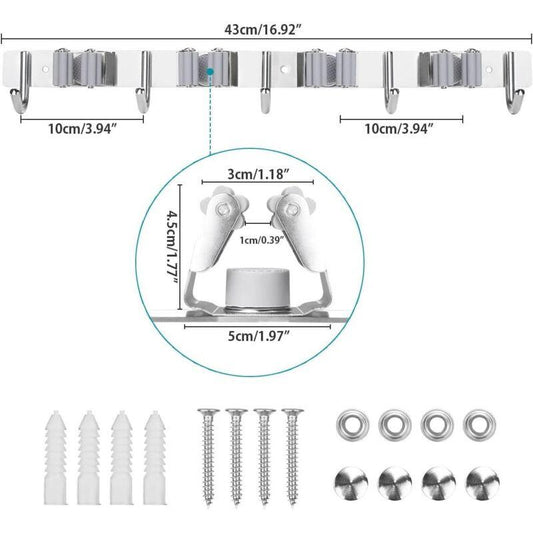 Stainless Steel Wall Mounted Broom Holder, Wall Mounted Broom Hanger With 4 Slots And 5 Hooks For Kitchen, Bathroom,.