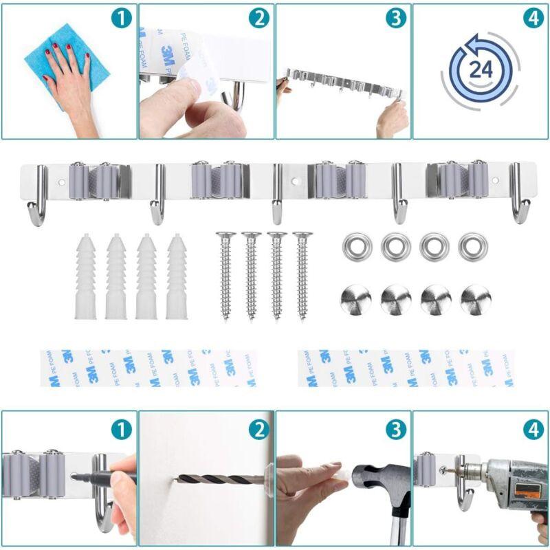 Stainless Steel Wall Mounted Broom Holder, Wall Mounted Broom Hanger With 4 Slots And 5 Hooks For Kitchen, Bathroom,.