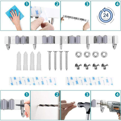 Stainless Steel Wall Mounted Broom Holder, Wall Mounted Broom Hanger With 4 Slots And 5 Hooks For Kitchen, Bathroom,.