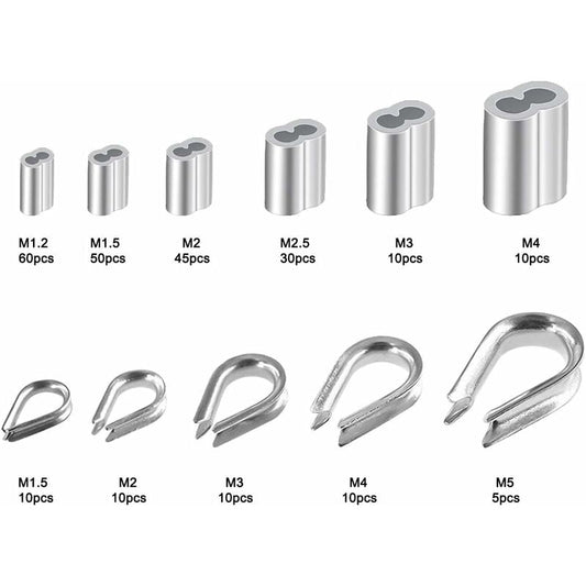 250 pcs 6 Sizes Aluminum Wire ROpe Thimbles Assortment Double Barrel Sleeves & 5 Size Thimbles For Wire ROpe