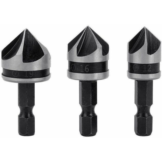 3 pcs 1/4" Hex Hcs Countersink Bit 5 Flute Countersink Drill Bits Countersink Bit 12Mm/16Mm/19Mm For Wood Metal.