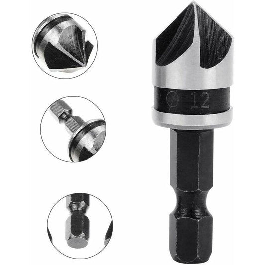 3 pcs 1/4" Hex Hcs Countersink Bit 5 Flute Countersink Drill Bits Countersink Bit 12Mm/16Mm/19Mm For Wood Metal.