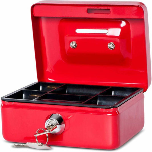 Steel Money Box Lockable And Portable 12.5X9.5X6Cm With Coin Slot Suitable As Piggy Bank, Small Safe, Cash Drawer Red.