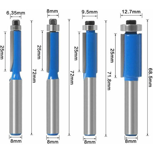 4 pcs 8Mm Copy Bit Diy Woodworking Milling Cutter Tools With Top Bearing, Flush Trim ROuter Bit Shank.