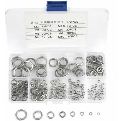 180 pcs 8 Size 304 Stainless Steel Spring Washer Assortment Kit, Spring Washers Kit M2.5 M3 M4 M5 M6 M8 M10.