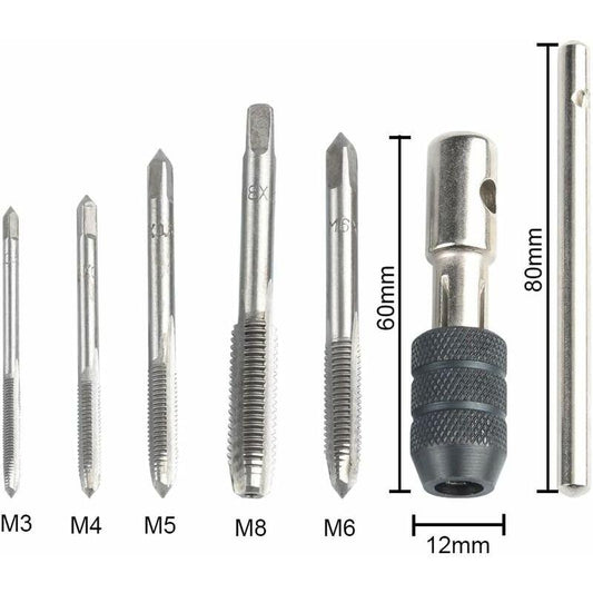 5 pcs Metric Hand Straight Flute Taps Assortment M3 M4 M5 M6 M8 With 1Pc Adjustable Wrench, Steel Thread Tap Set With.