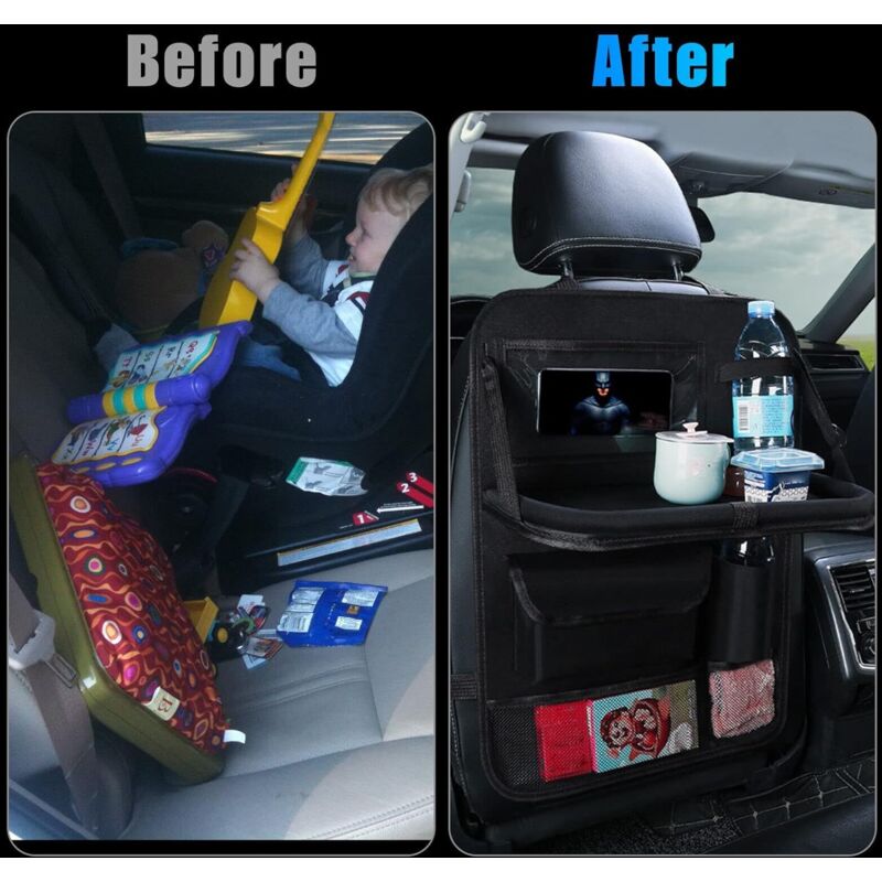 Car Organizer For Kids, Back Seat Protector With Clear Pocket, Organizer With Tray And Phone/Ipad Pocket(Black)